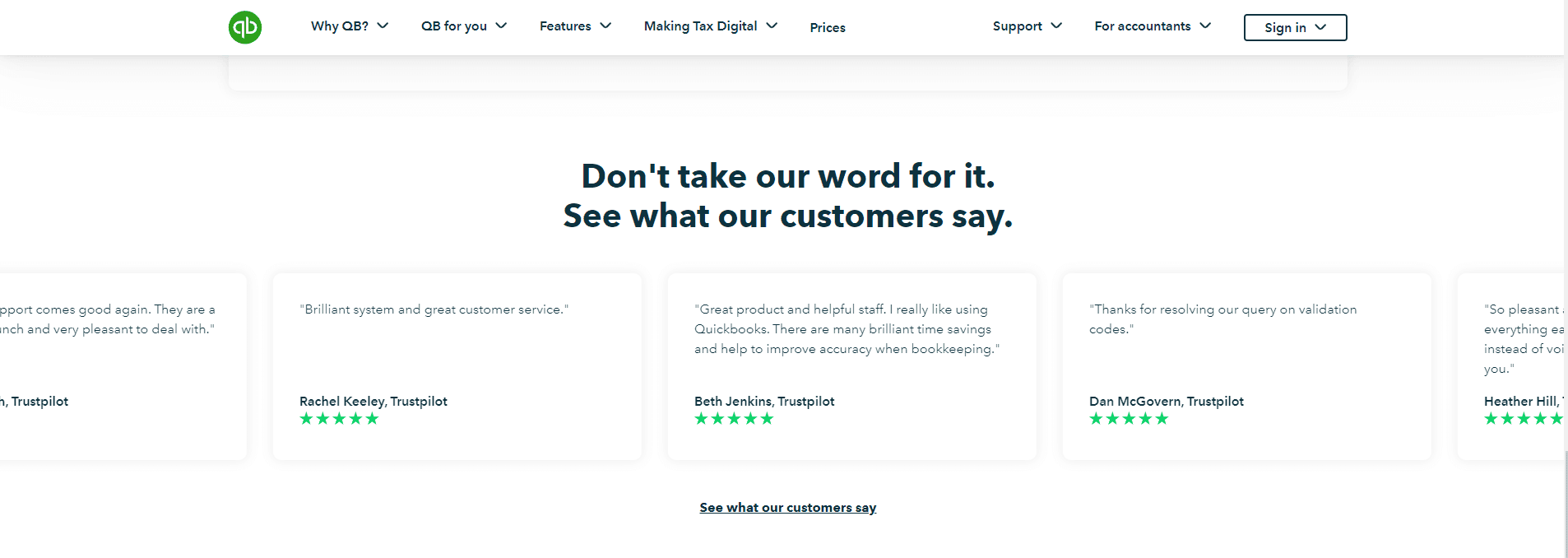 Quickbooks: hand-picked reviews on landing page