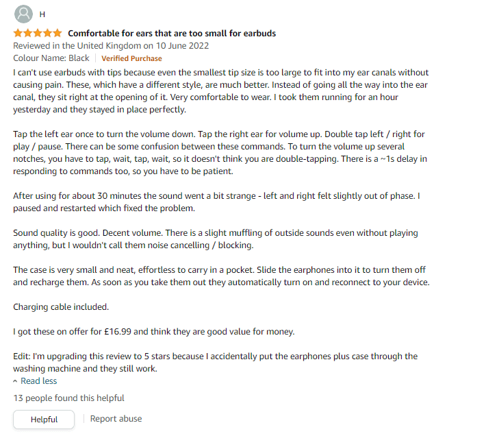 Earbud review on Amazon