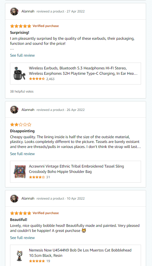 Real Amazon profile with positive and negative reviews