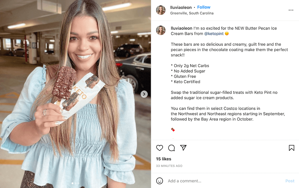Influencer testimonial example: Sponsored post on Instagram
