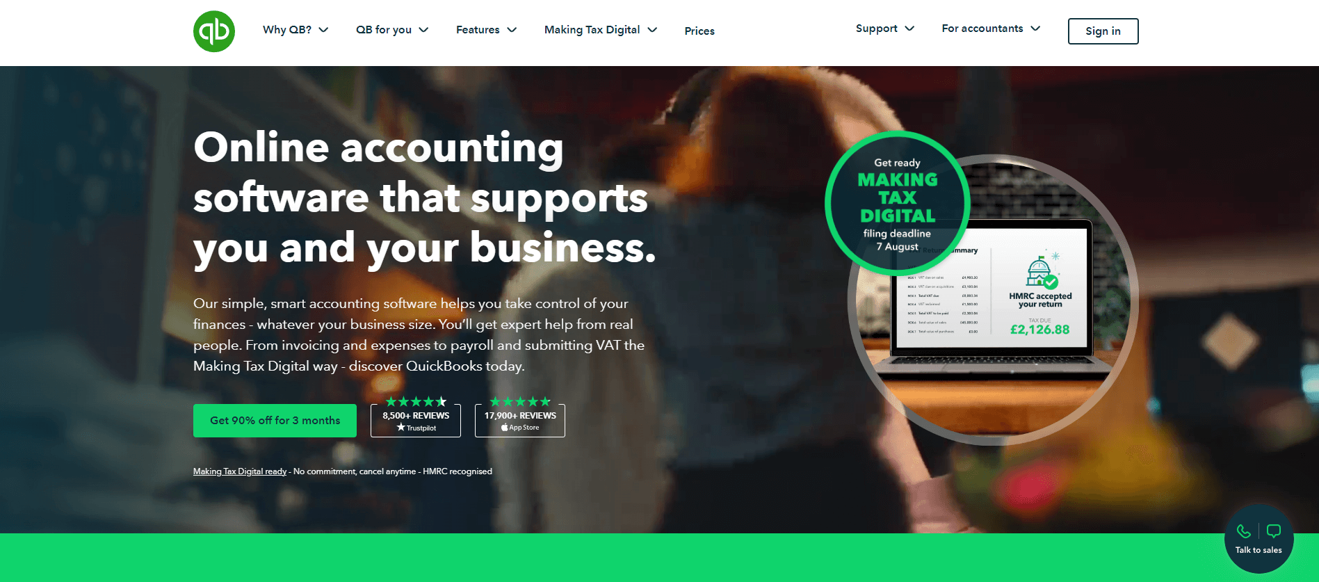 Numbers on Quickbooks landing page