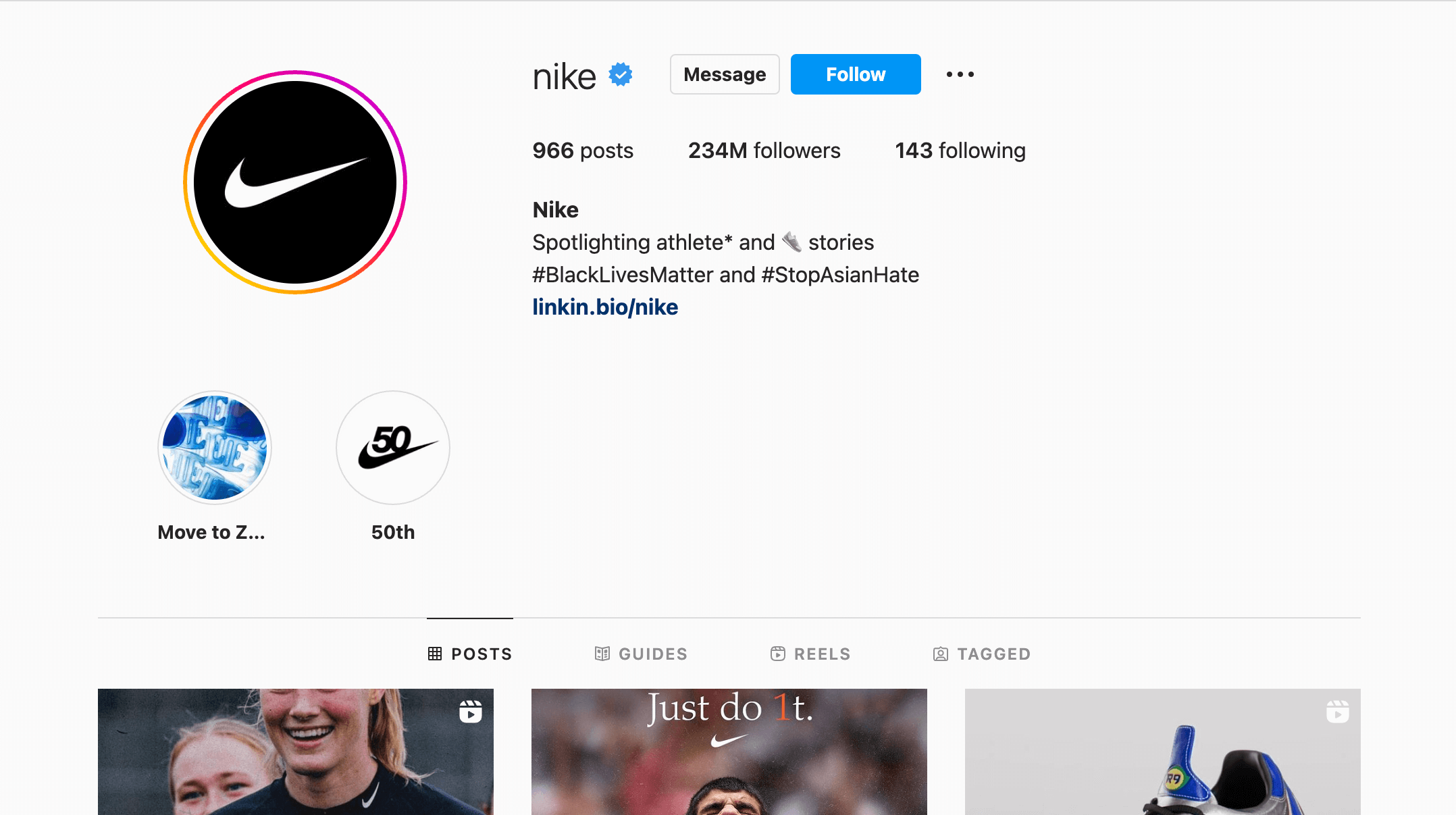 Nike Instagram profile with blue checkmark