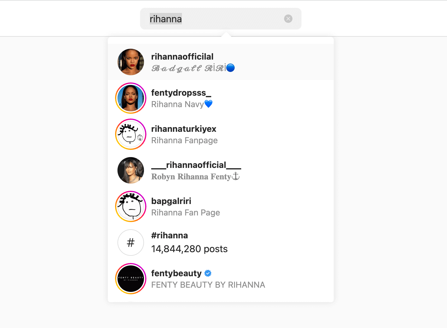 Screenshot showing Instagram search results for Rihanna