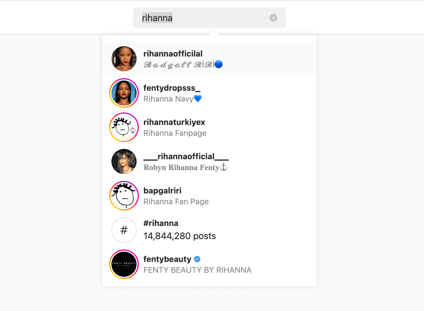 Screenshot showing Instagram search results for Rihanna