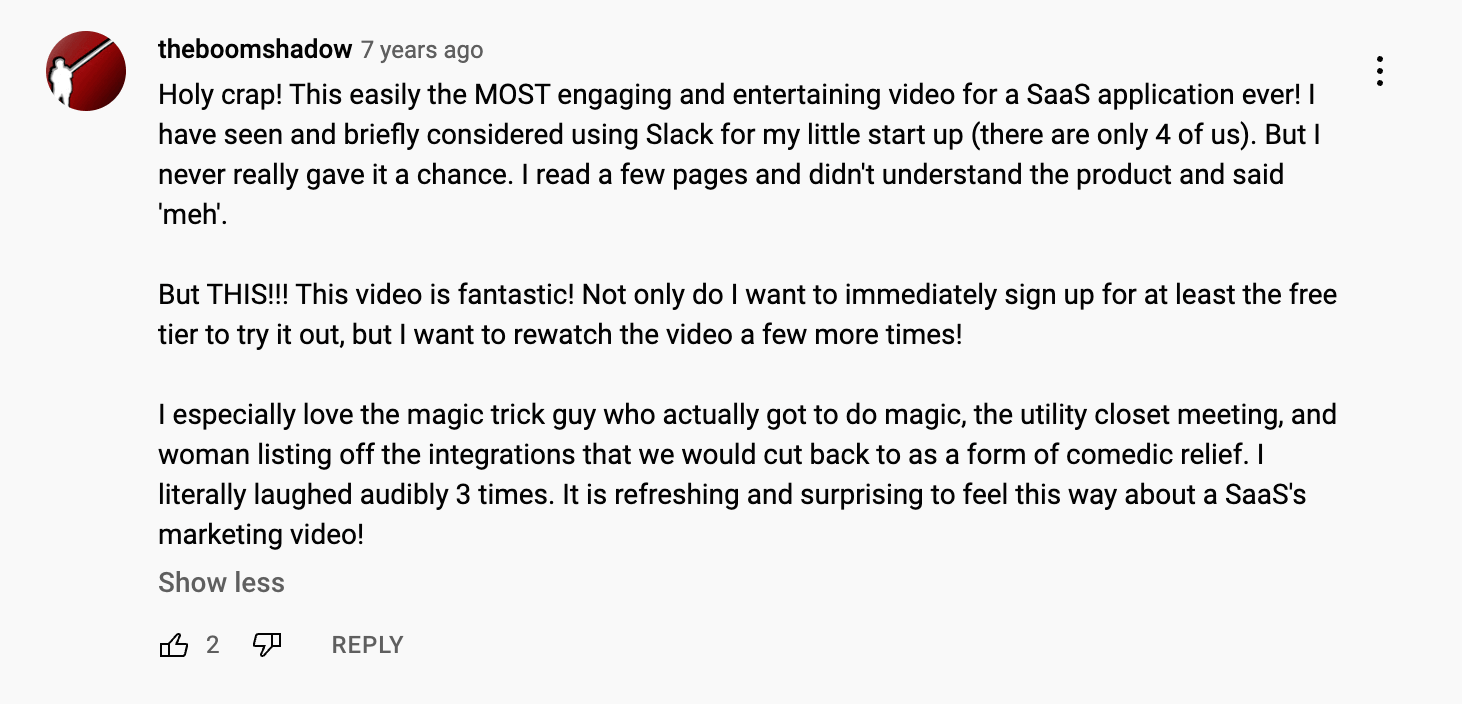 YouTube comment showing positive feedback