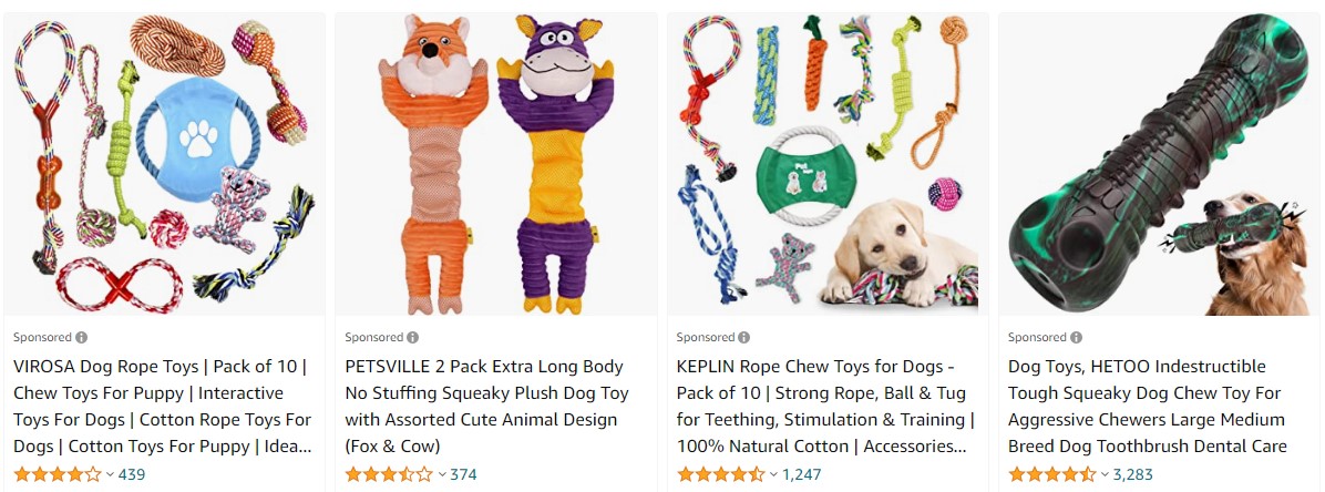 Product listings for dog toys with reviews